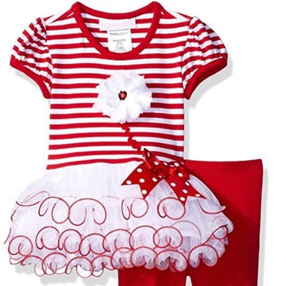 Bonnie Baby Girl Flower Tutu Dress Legging Set Outfit Red White Size 3-6 Mo New - Picture 2 of 7